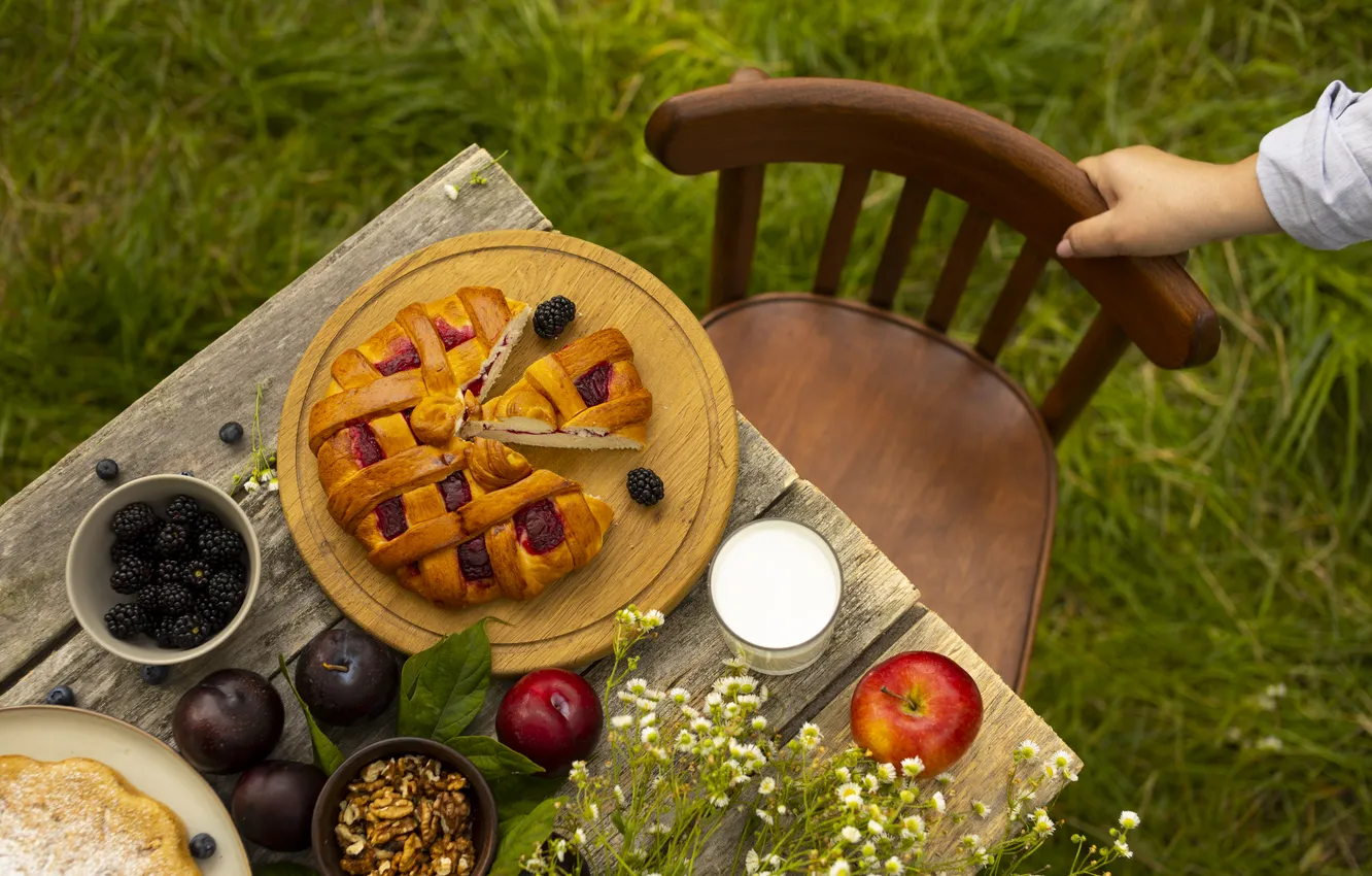 Photo wallpaper summer, table, village, pie, chair, cottage