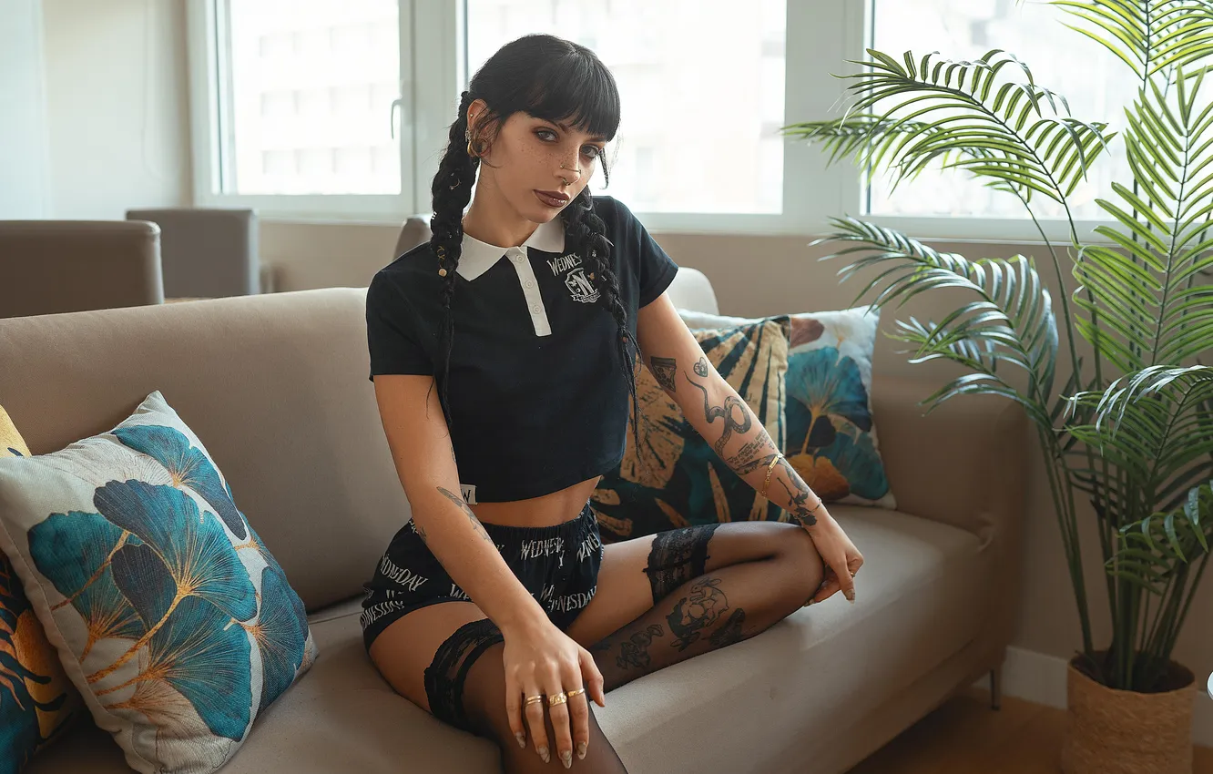 Photo wallpaper girl, sofa, stockings, brunette, in black, Wednesday, Wednesday, Allyblack