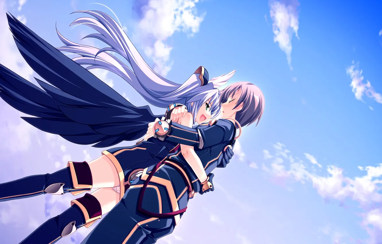 Photo wallpaper the sky, girl, clouds, wings, art, hugs, guy, Tsurugi Hagane