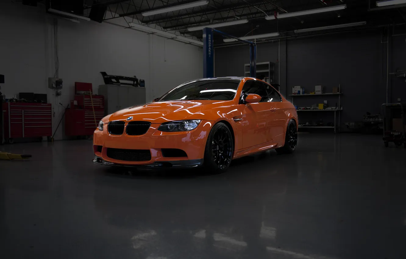 Photo wallpaper orange, BMW, BMW, workshop, front view, orange, e92, toned