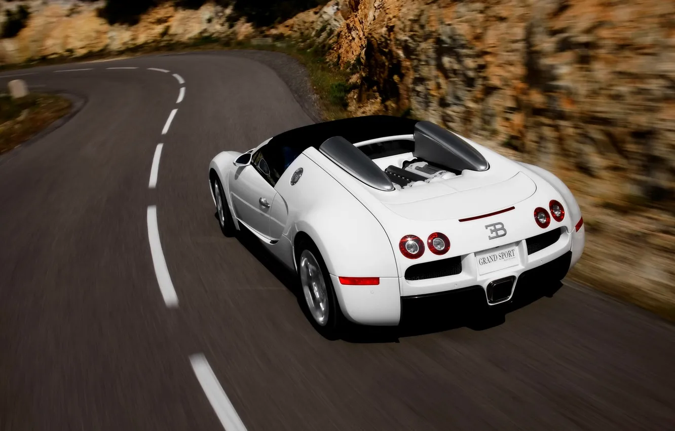 Photo wallpaper road, machine, white, Bugatti, Veyron, sports car, in motion