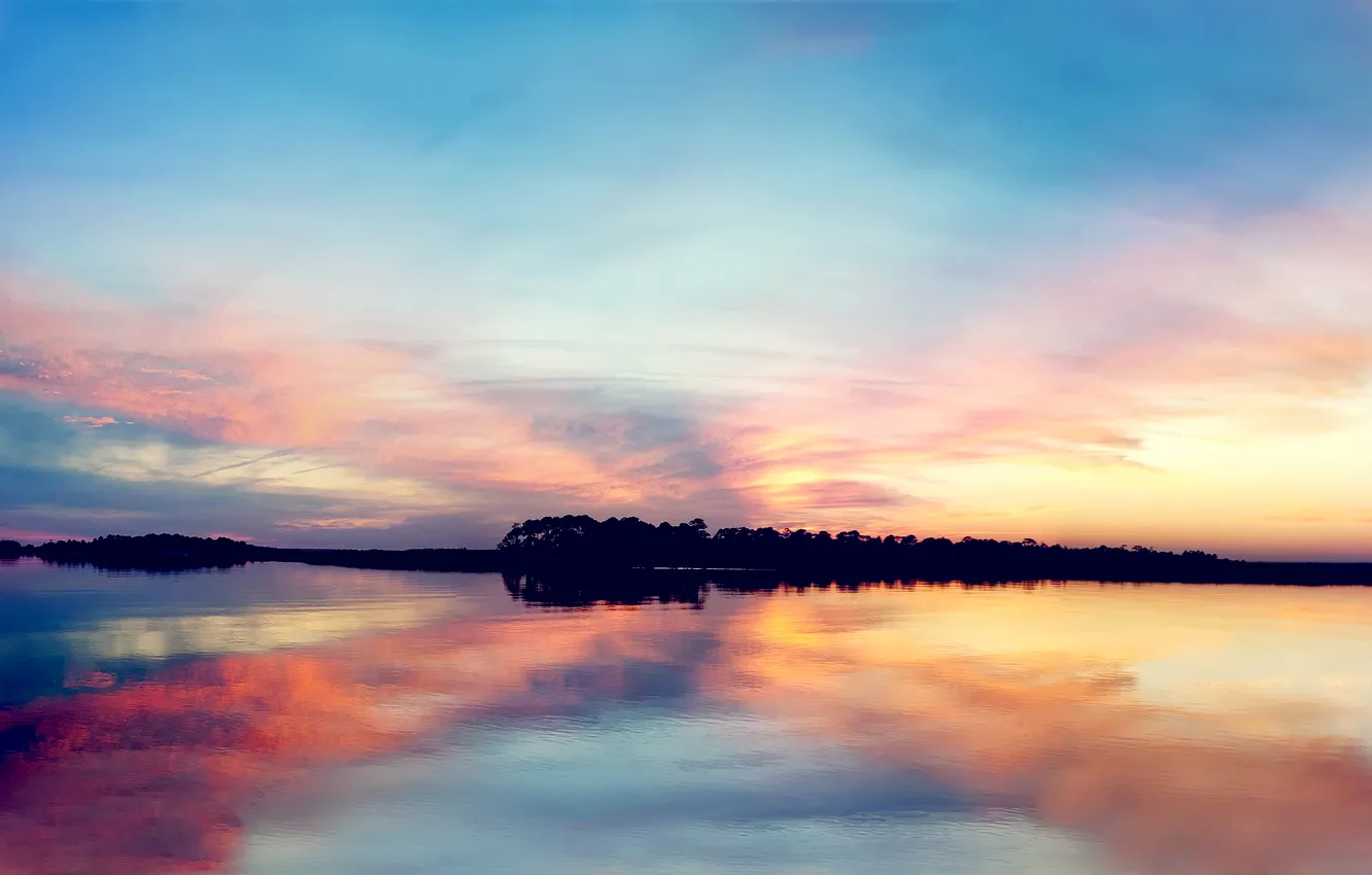 Photo wallpaper water, sunset, lake, surface, shore