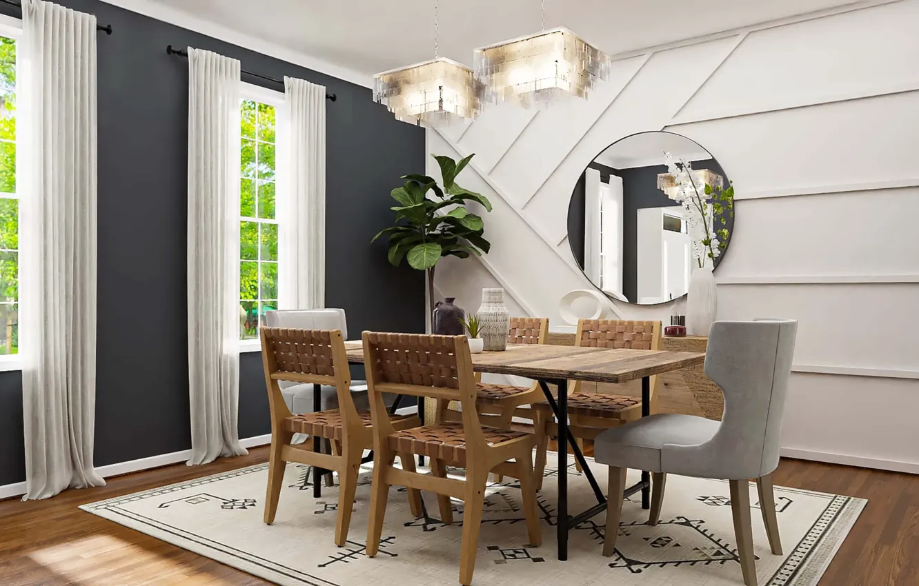 Photo wallpaper design, style, room, plant, interior, mirror, dining room, Combination of black and white wall