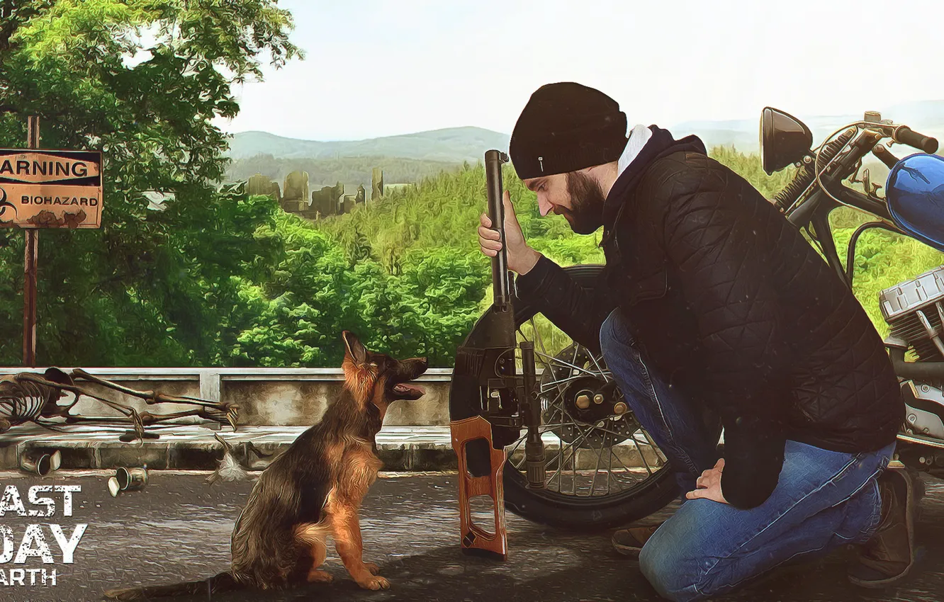 Photo wallpaper weapons, gun, forest, bike, dog, man, survival, biker