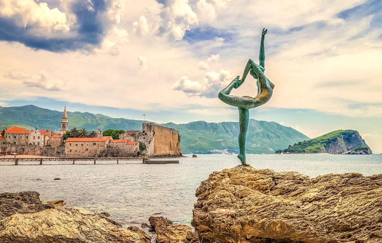 Photo wallpaper sea, mountains, statue, dancer, Montenegro, Budva