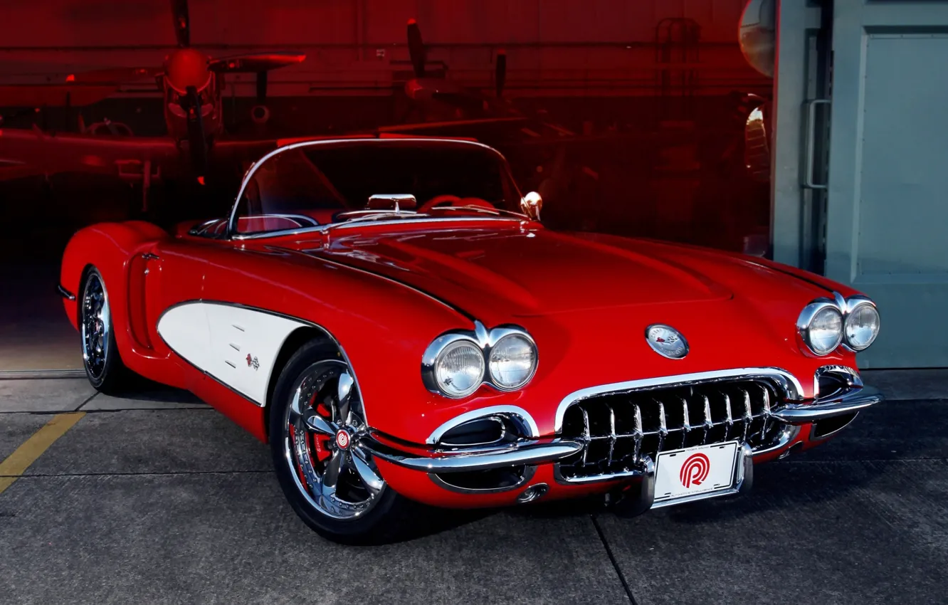 Photo wallpaper red, tuning, hangar, corvette, twilight, Chevrolet, drives, classic