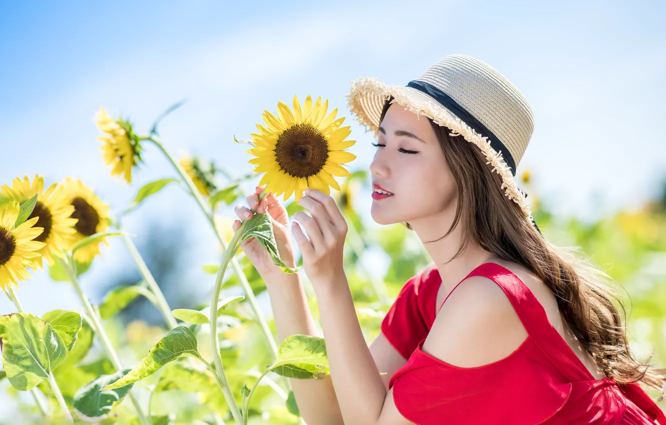 Photo wallpaper girl, sunflowers, hat, Asian, cutie