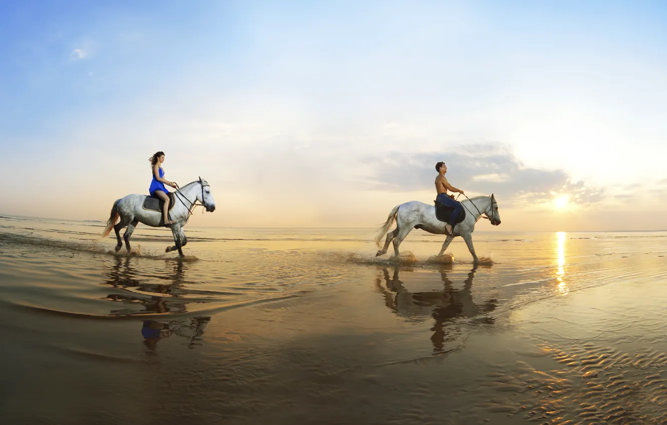 Photo wallpaper sand, sea, girl, reflection, coast, horse, guy, walk