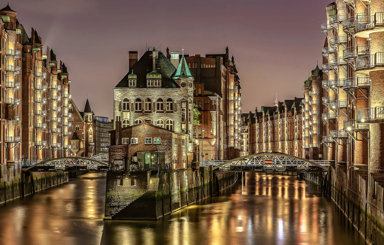 Photo wallpaper night, bridge, lights, home, Germany, channel, Hamburg