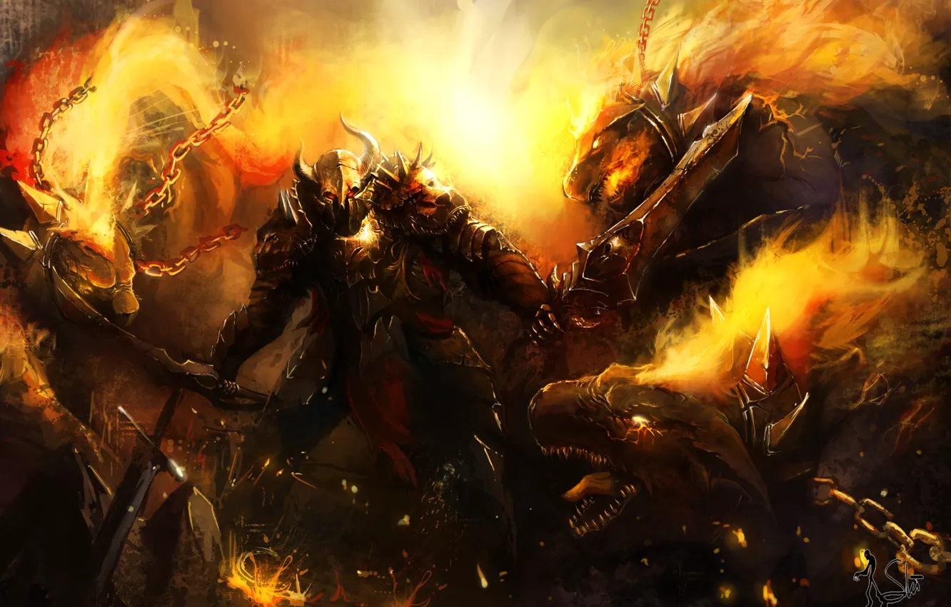 Photo wallpaper lights, weapons, fiction, dragon, sword, armor, warrior, art