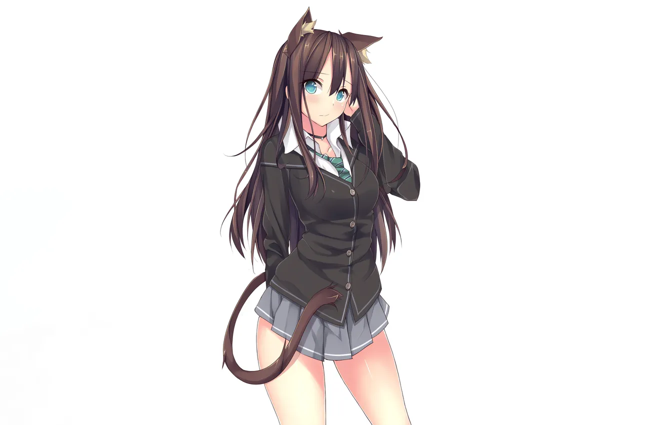 Photo wallpaper girl, sexy, school uniform, green eyes, long hair, brown hair, animal ears, sexy girl