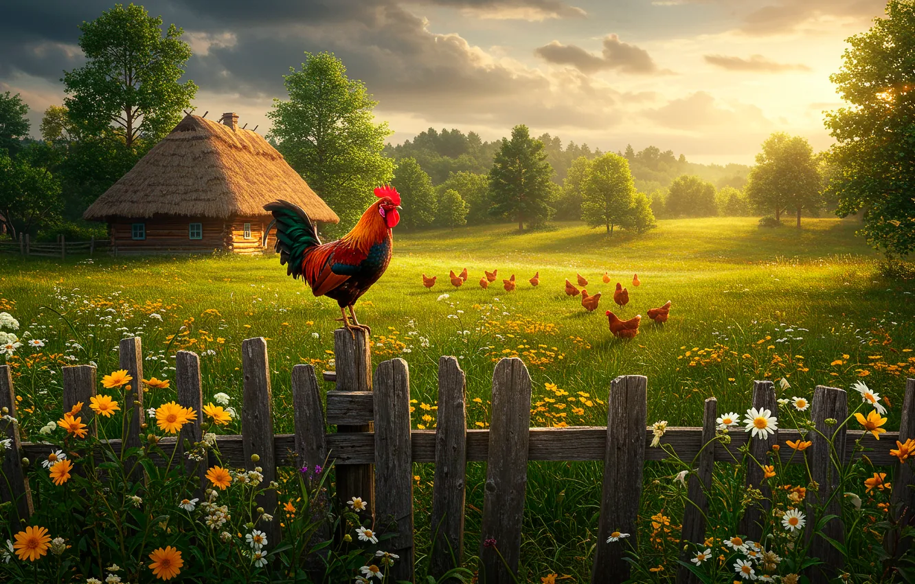 Photo wallpaper summer, dawn, figure, art, hut, cock