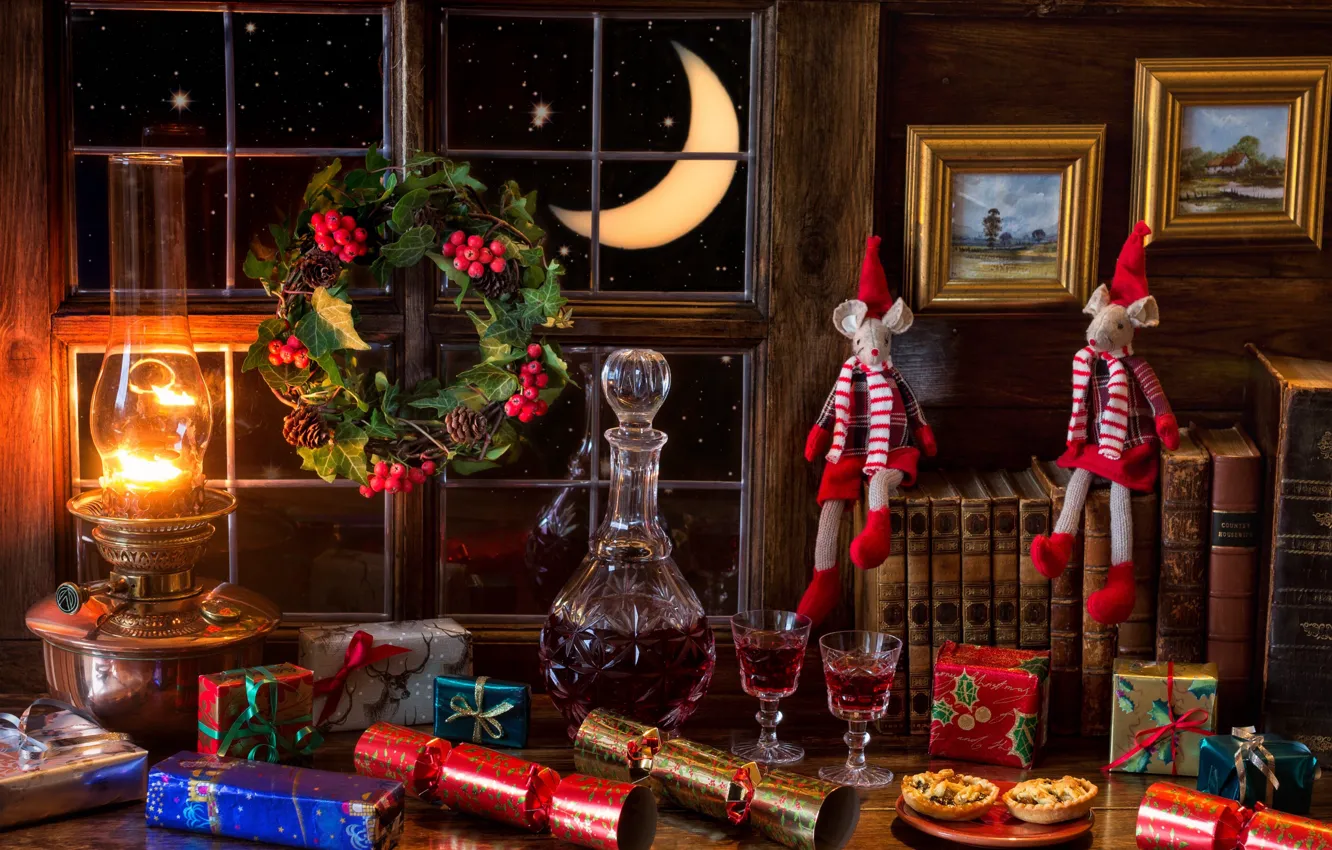 Photo wallpaper wine, books, lamp, a month, mouse, cookies, window, gifts