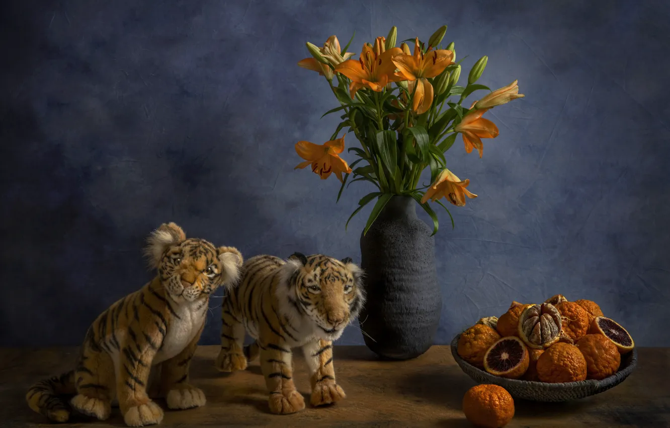 Photo wallpaper flowers, orange, tiger, table, background, toy, Lily, orange