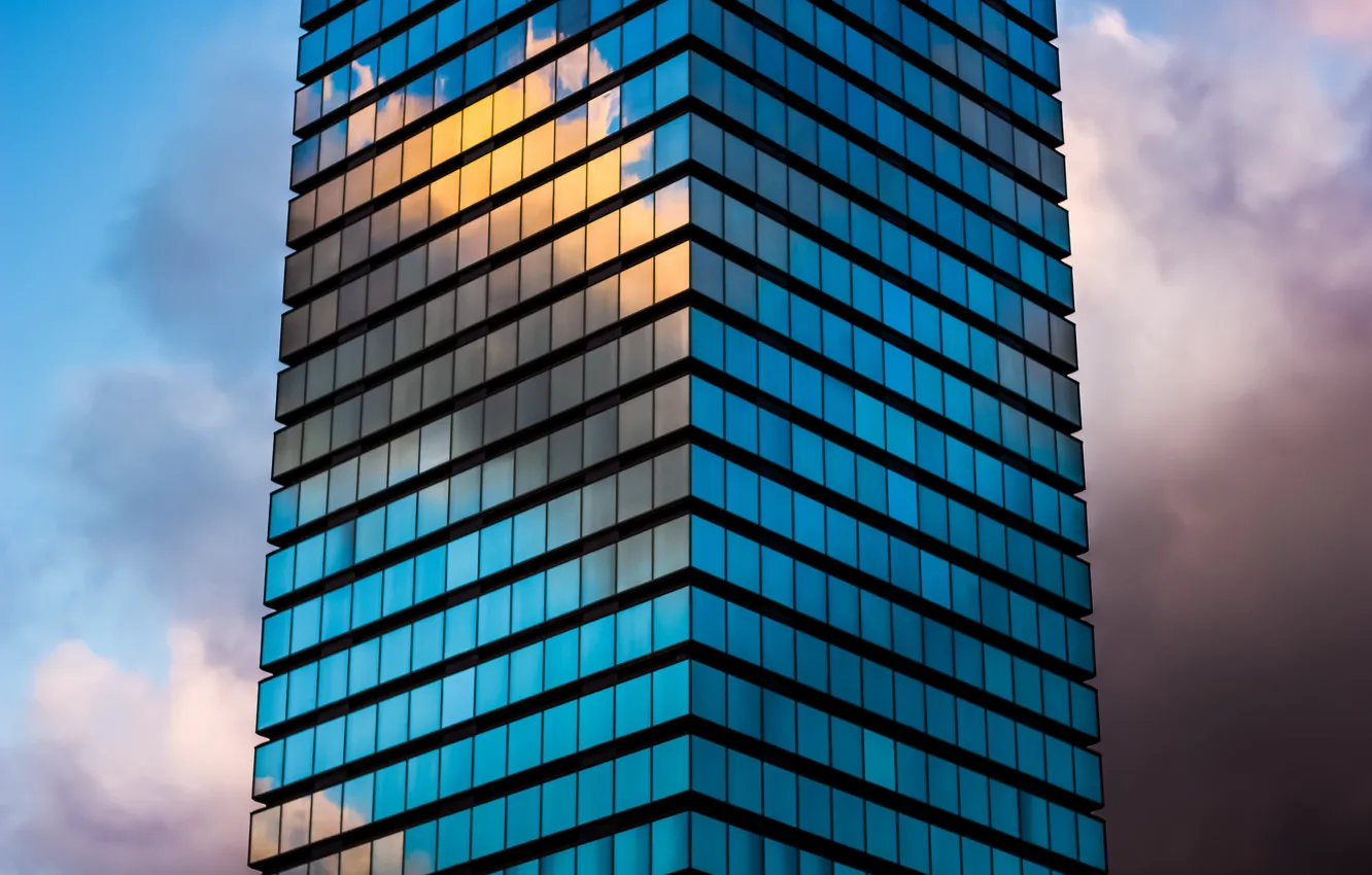 Photo wallpaper the sky, glass, clouds, the city, house, reflection