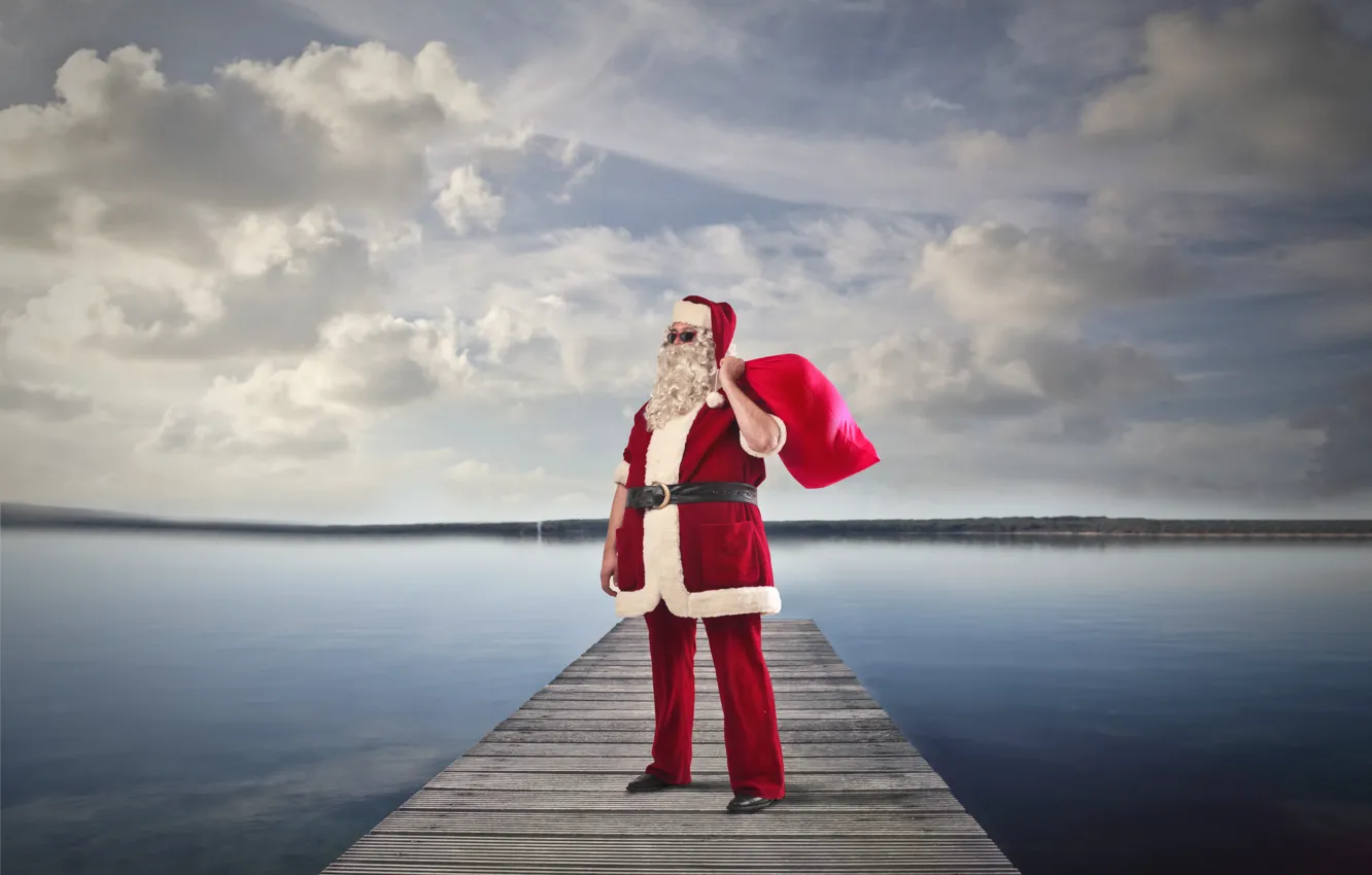 Photo wallpaper the sky, clouds, river, holiday, gift, shore, hat, new year