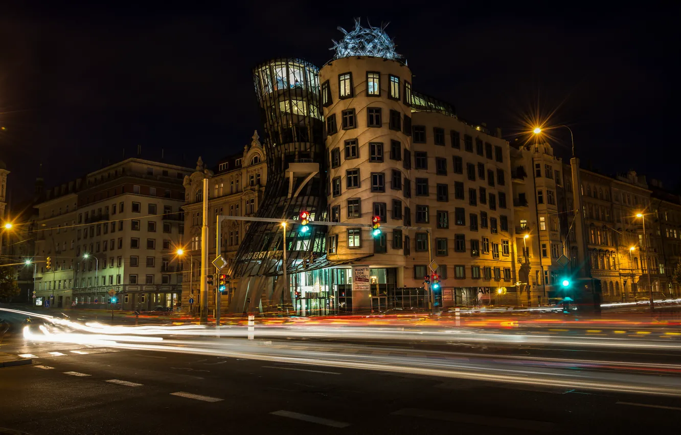 Photo wallpaper night, lights, Prague, Czech Republic, the dancing house
