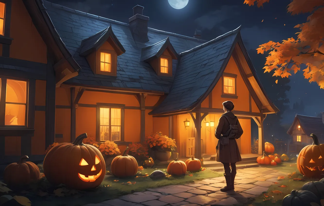 Photo wallpaper autumn, holiday, pumpkin, Halloween, Halloween, AI art, neural network