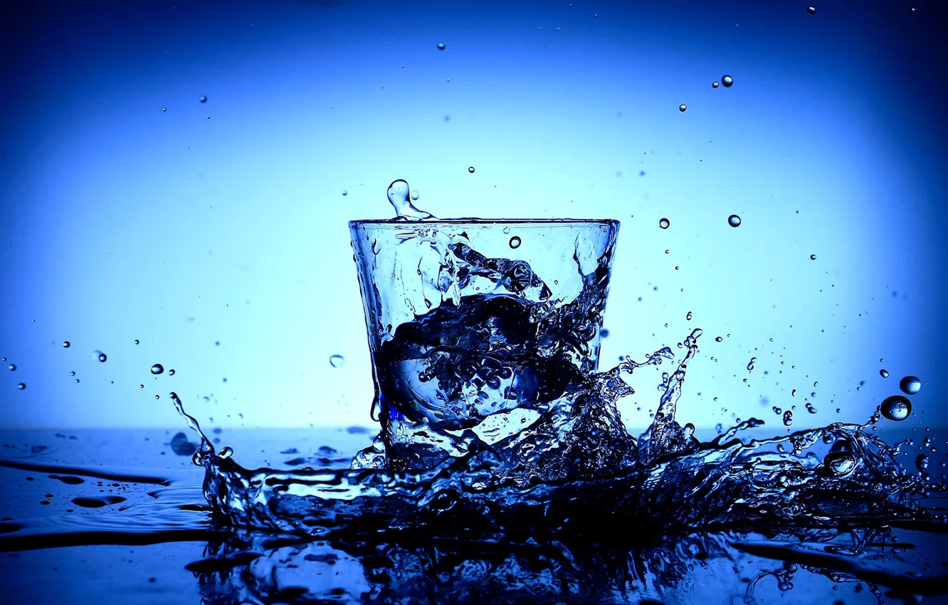 Photo wallpaper water, drops, squirt, glass, blue, splash
