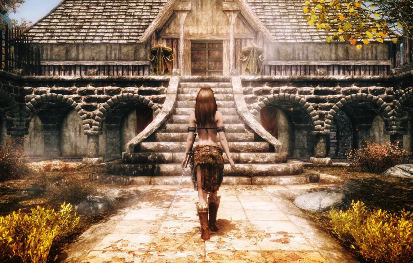 Photo wallpaper road, grass, girl, house, The Elder Scrolls V Skyrim