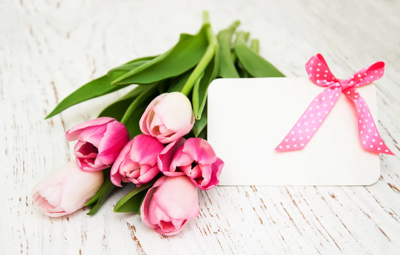 Photo wallpaper flowers, bouquet, tulips, love, pink, wood, pink, flowers
