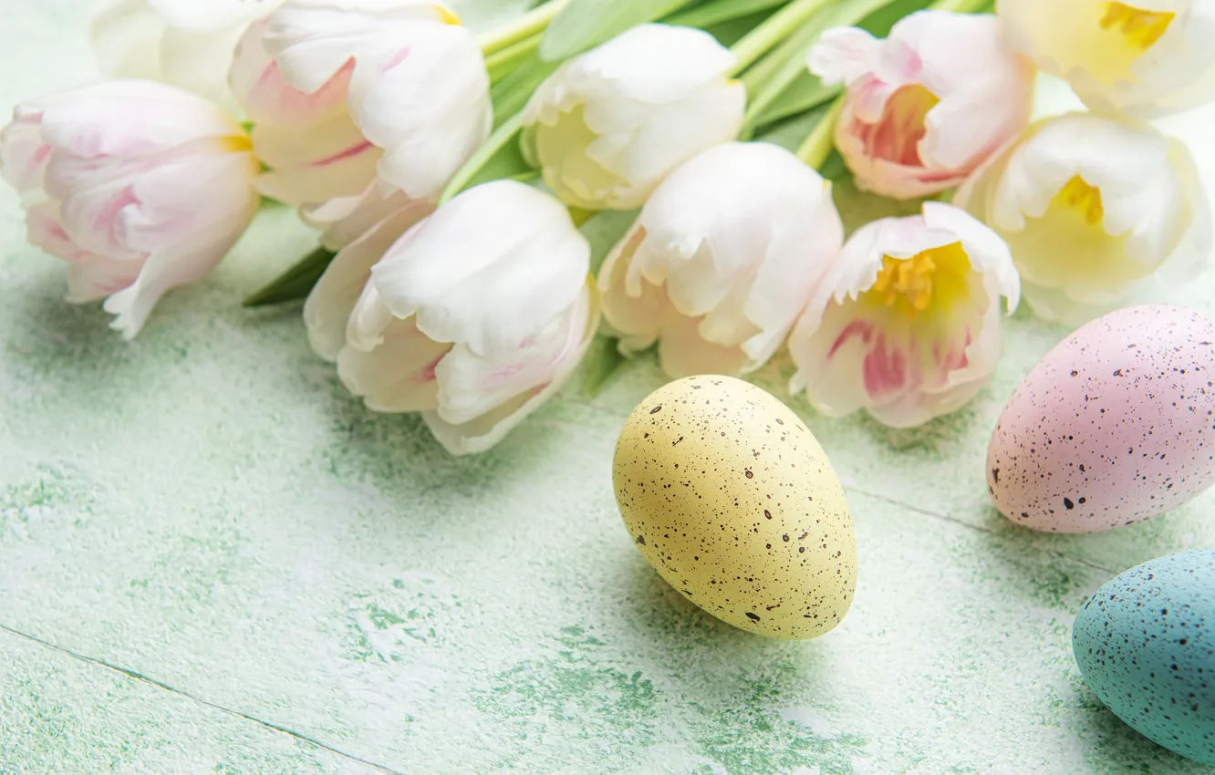 Photo wallpaper flowers, eggs, spring, colorful, Easter, flowers, tulips, spring