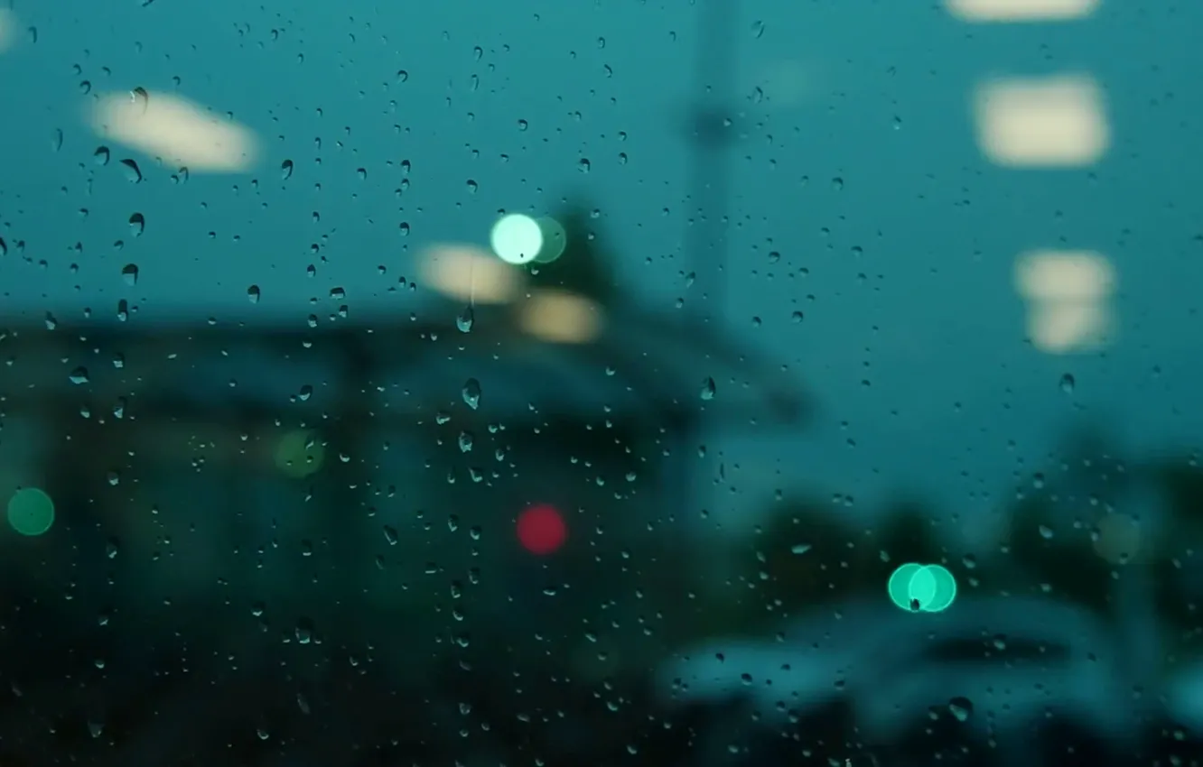 Photo wallpaper glass, drops, the city, lights, rain, street, the evening, rain