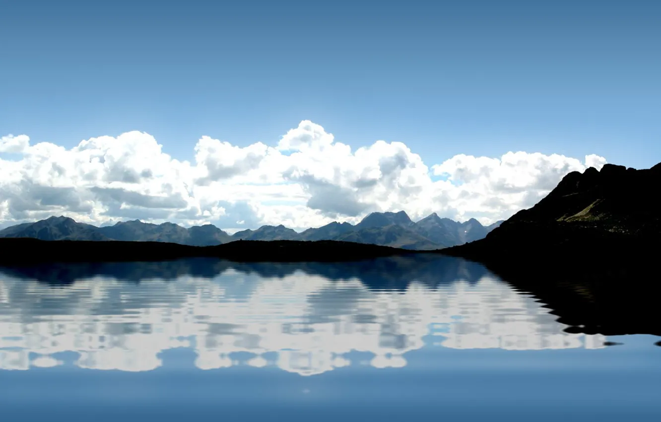 Photo wallpaper wave, clouds, mountains, reflection, Water