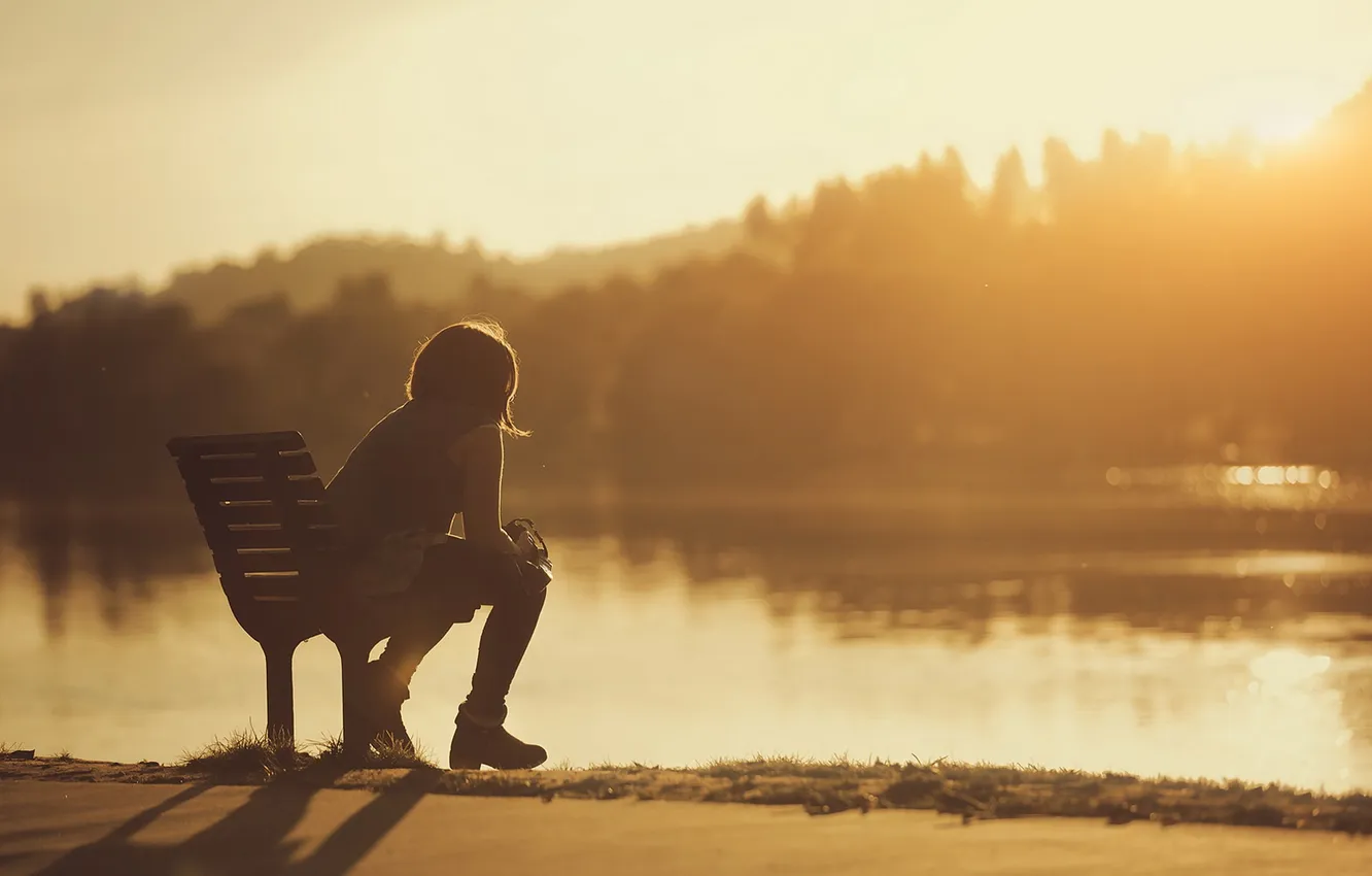 Photo wallpaper girl, light, river, morning, bench