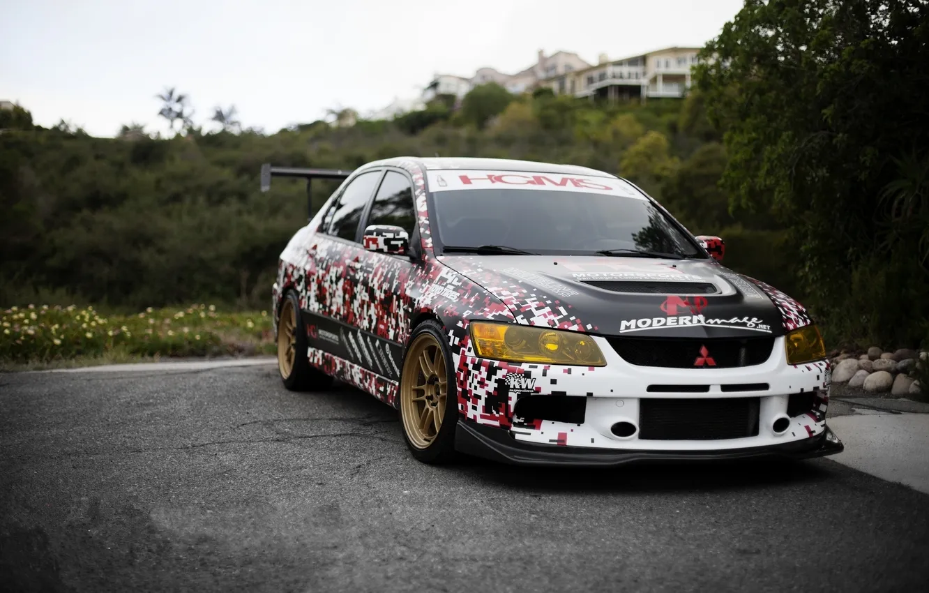 Photo wallpaper red, white, front view, mitsubishi, lancer, evolution, Lancer evolution, black .Mitsubishi
