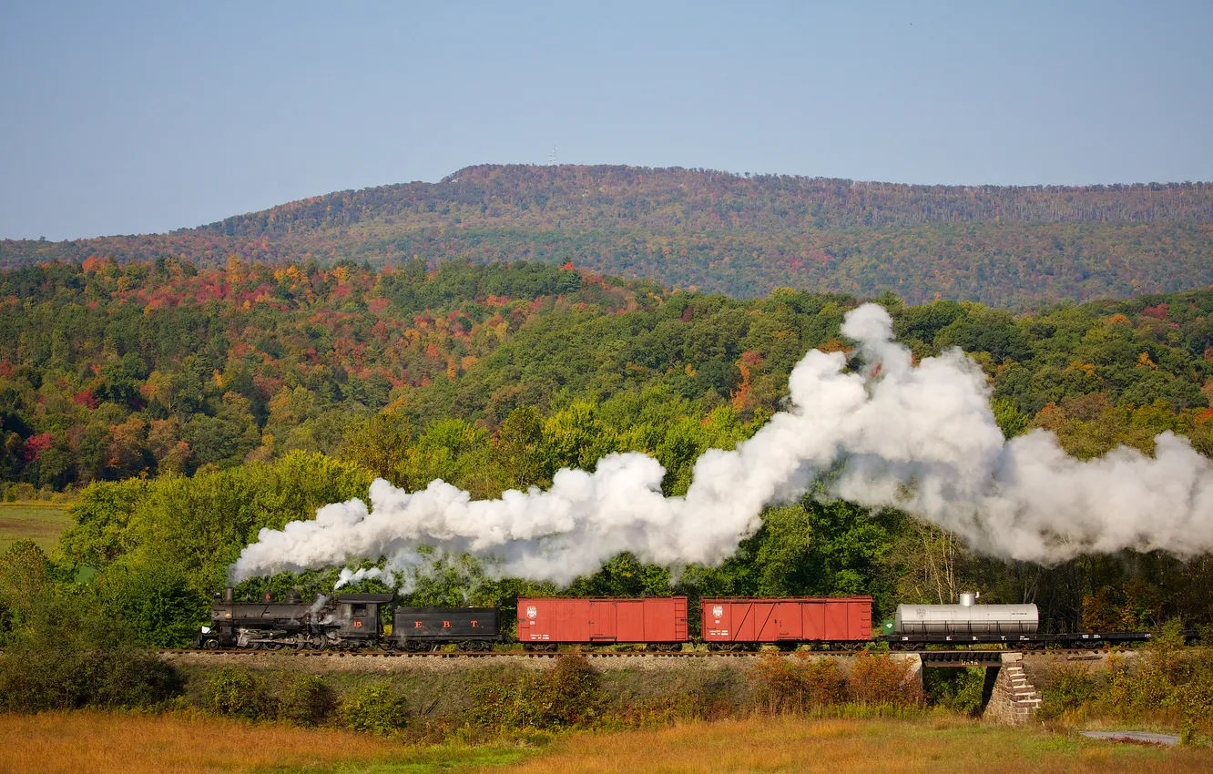 Photo wallpaper autumn, landscape, retro, the engine, railroad, Steam