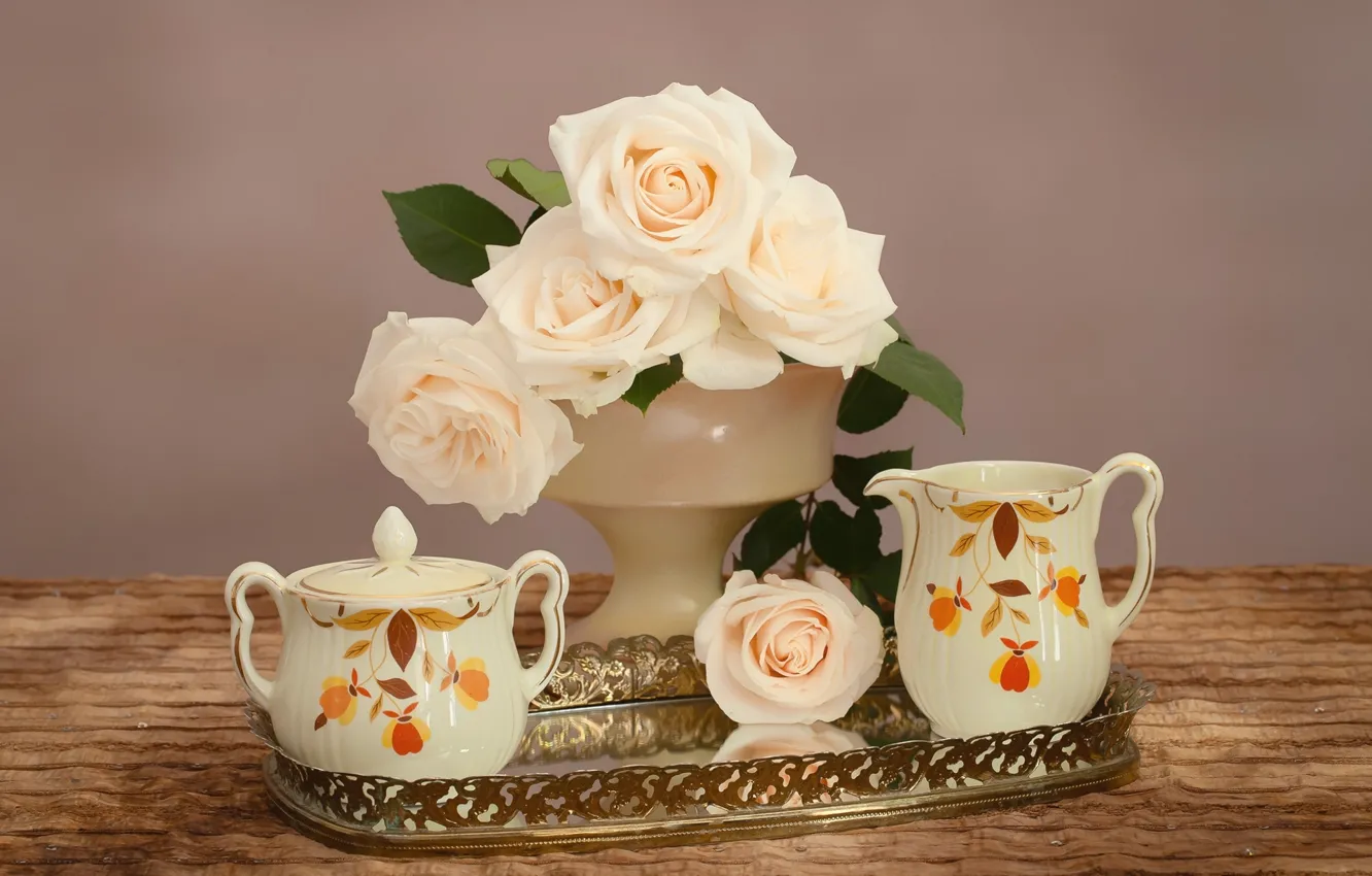 Photo wallpaper tenderness, roses, bouquet, dishes, tray