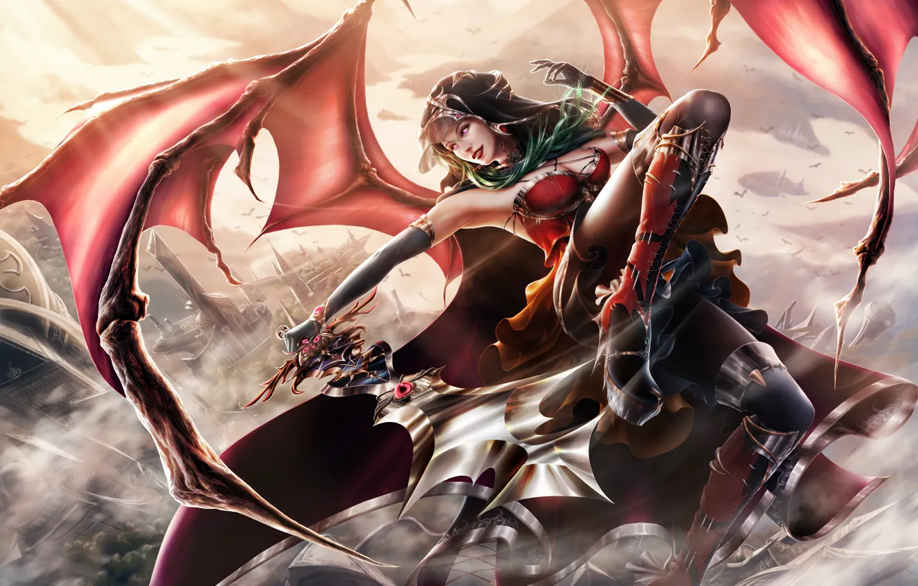Photo wallpaper girl, fiction, wings, sword, dress, hood, Evelyn
