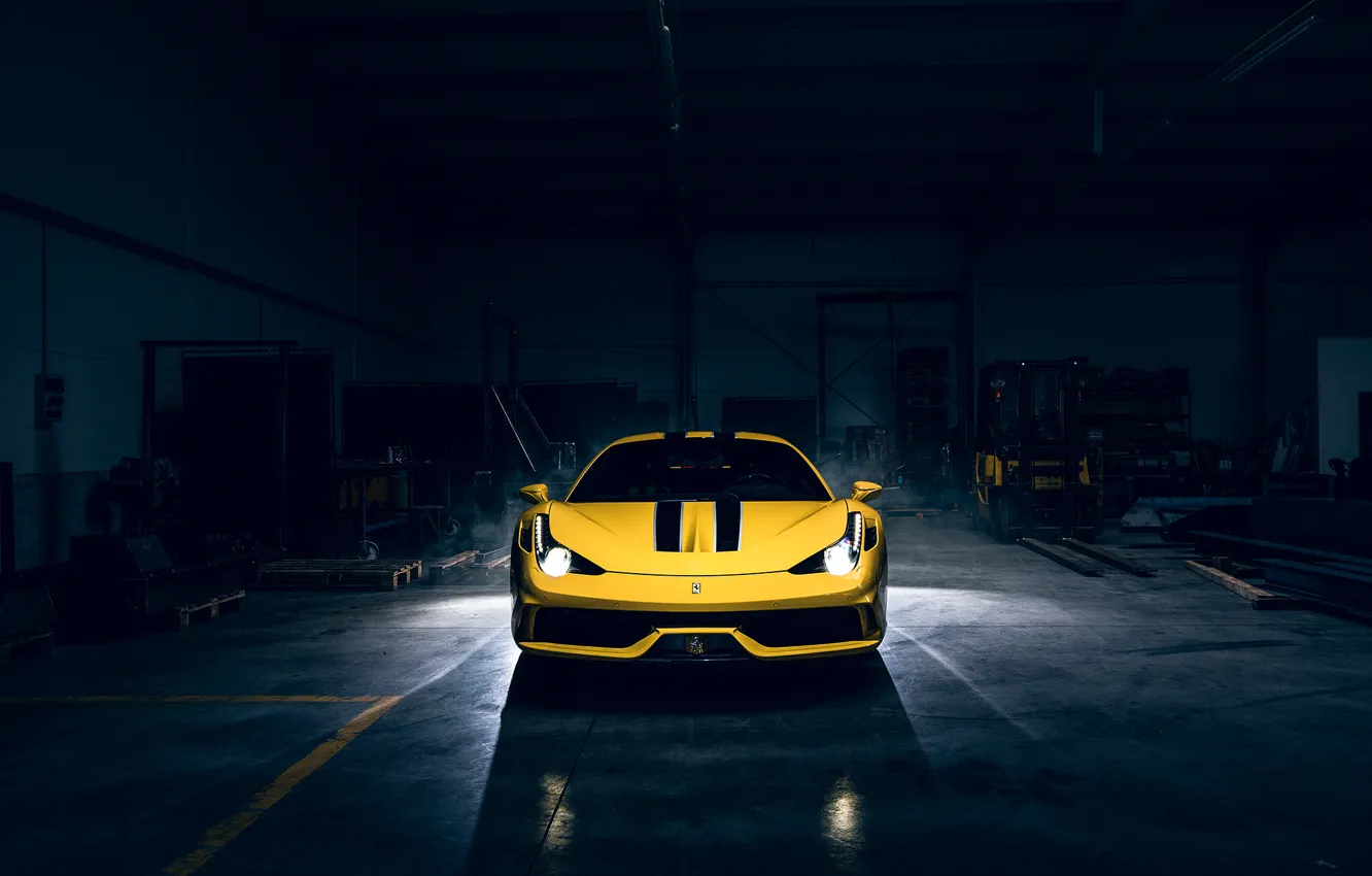 Photo wallpaper Dark, Light, Ferrari, 458, Front, Yellow, Supercar, Speciale