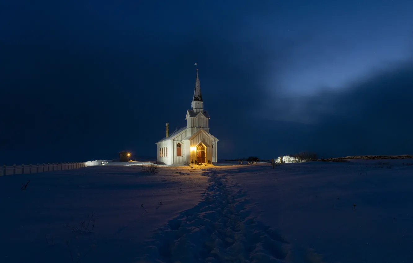 Photo wallpaper snow, the evening, Norway, Church, Finnmark