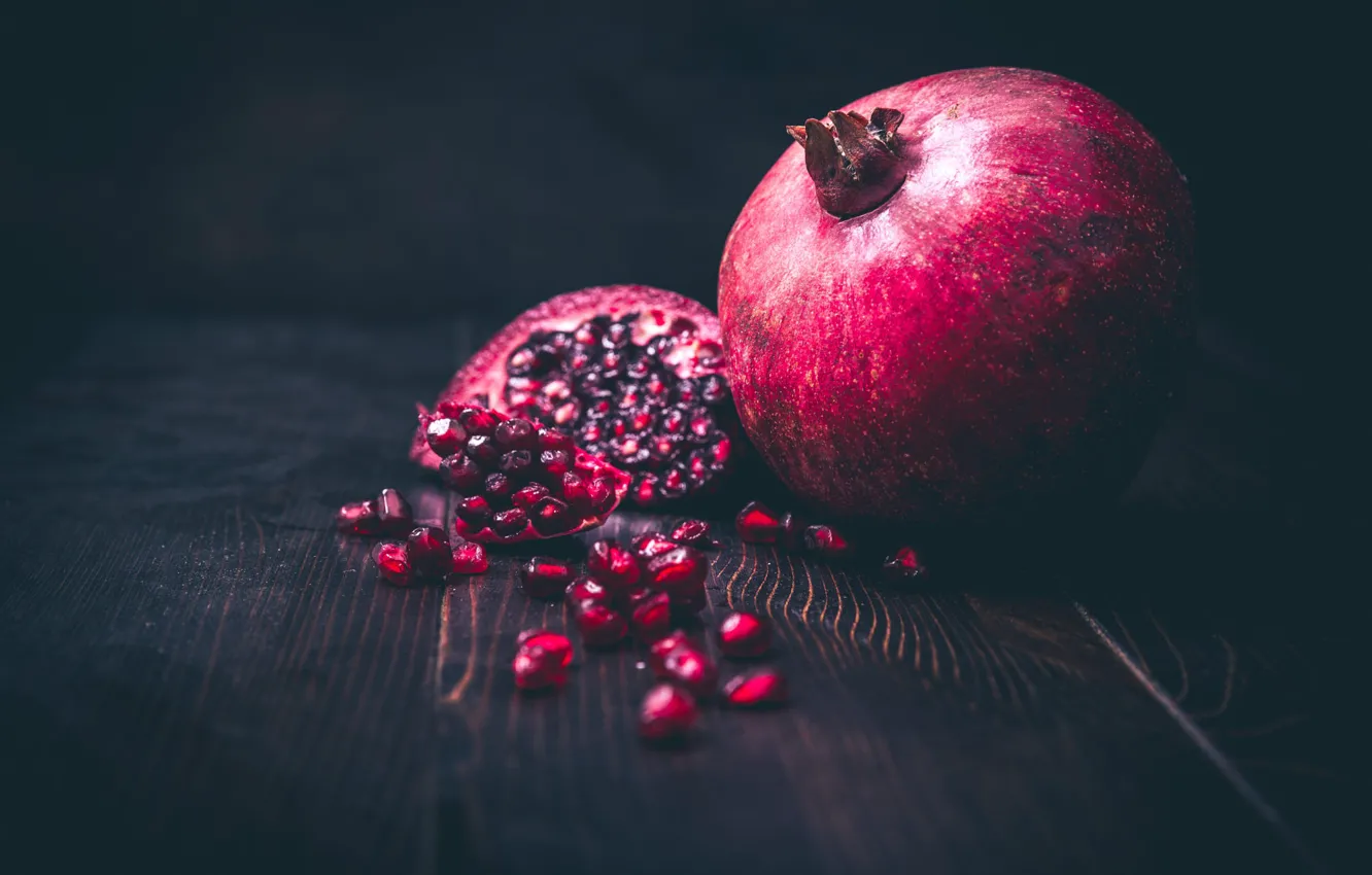 Photo wallpaper the dark background, Board, grain, fruit, garnet