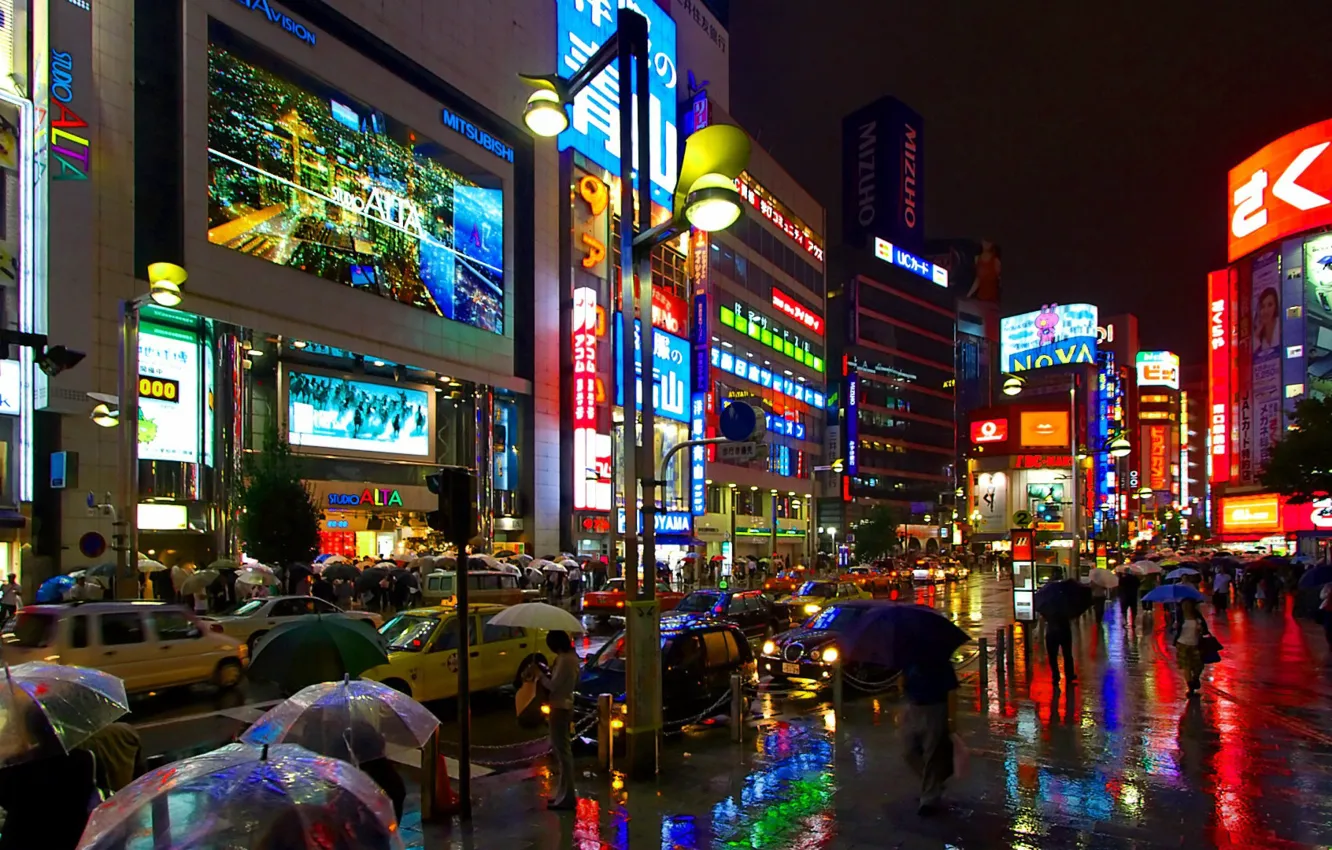 Photo wallpaper machine, rain, street, people, Tokyo, Japan