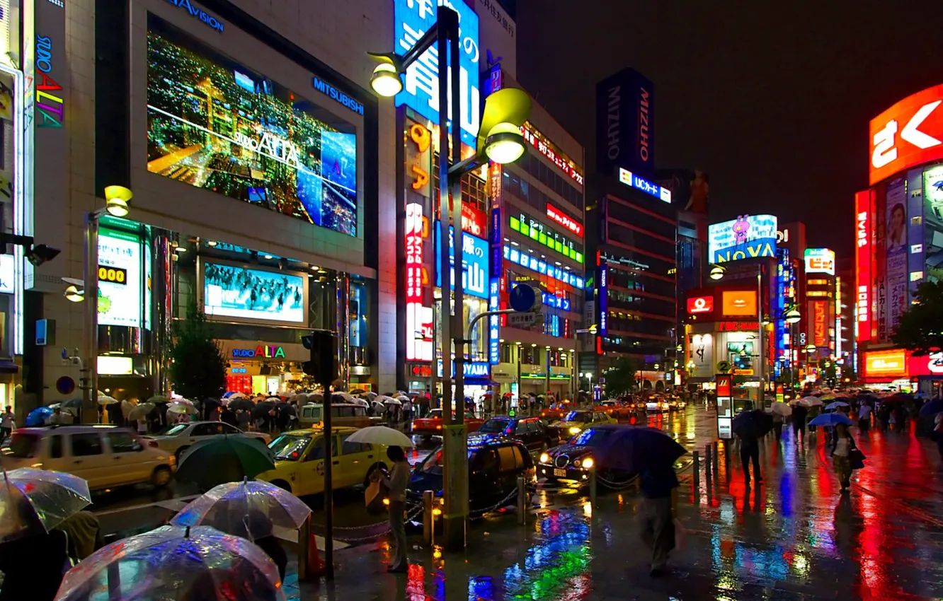 Photo wallpaper machine, people, rain, street, Tokyo, Japan