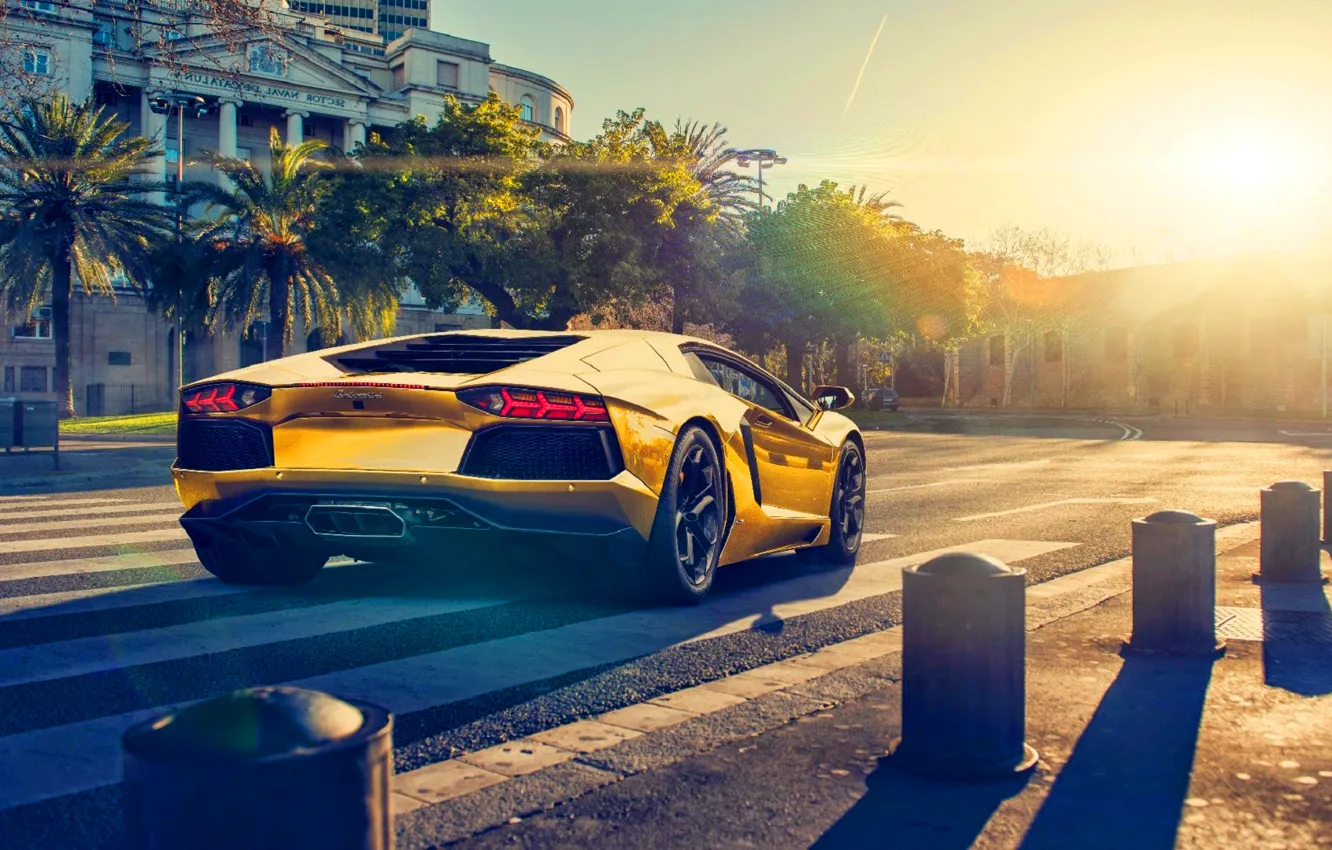 Photo wallpaper Lamborghini, Sun, Color, Sunset, LP700-4, Aventador, Back, Supercar