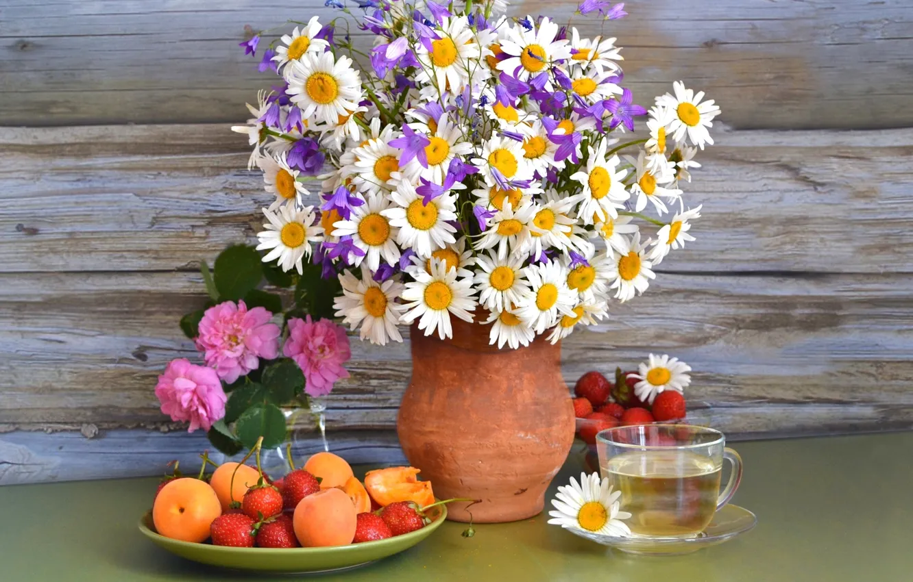 Photo wallpaper summer, berries, tea, roses, chamomile, bouquet, strawberry, pitcher