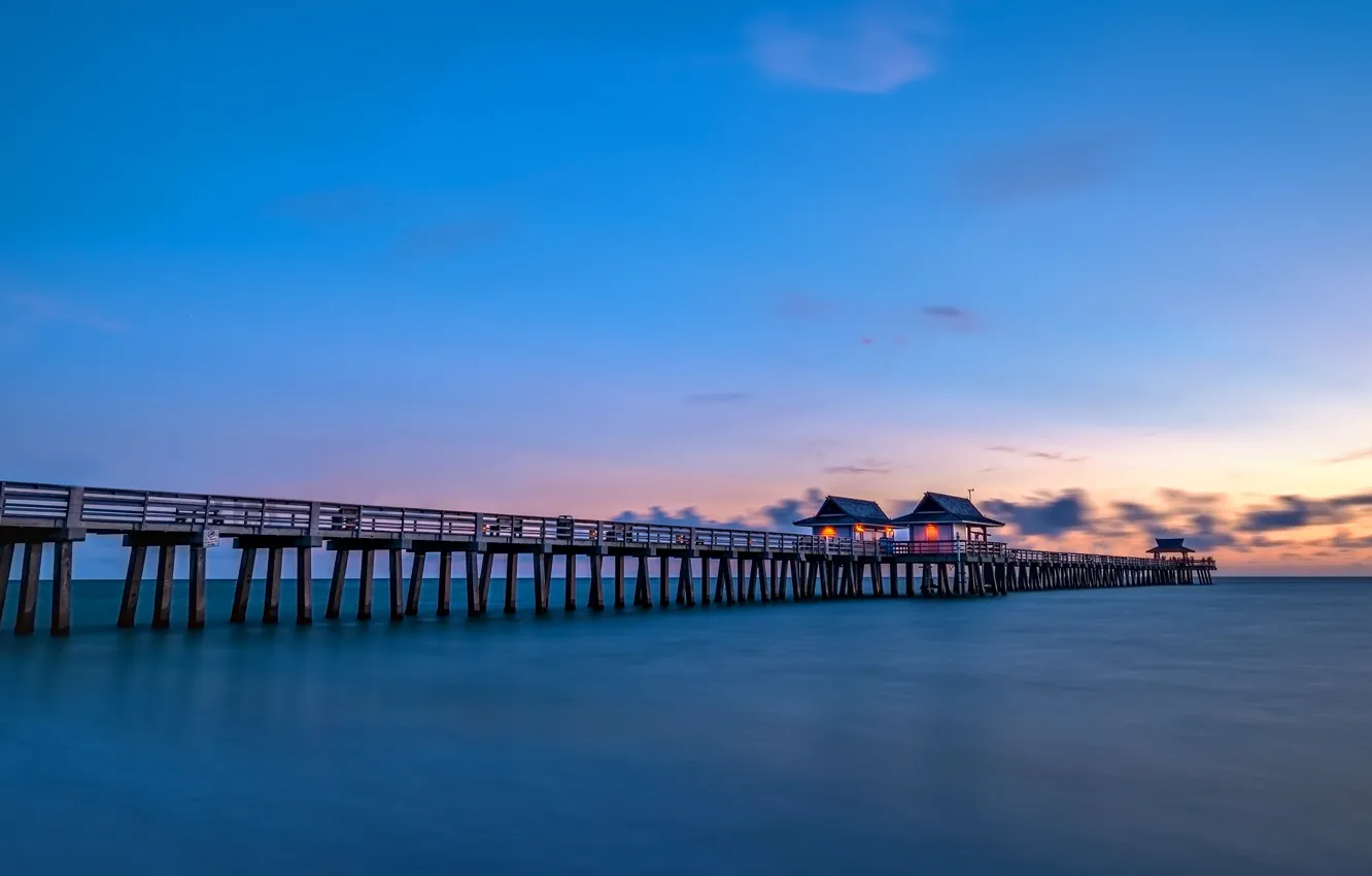 Photo wallpaper sea, sunset, bridge