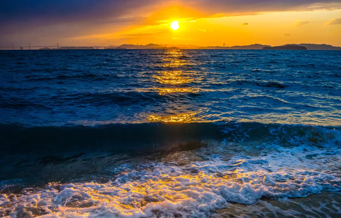 Photo wallpaper sea, wave, sunset, nature, glow