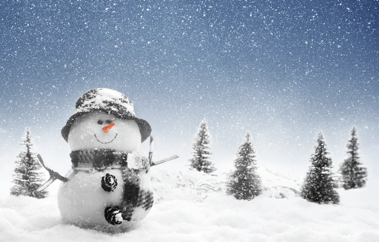 Photo wallpaper winter, snow, trees, landscape, nature, snowman