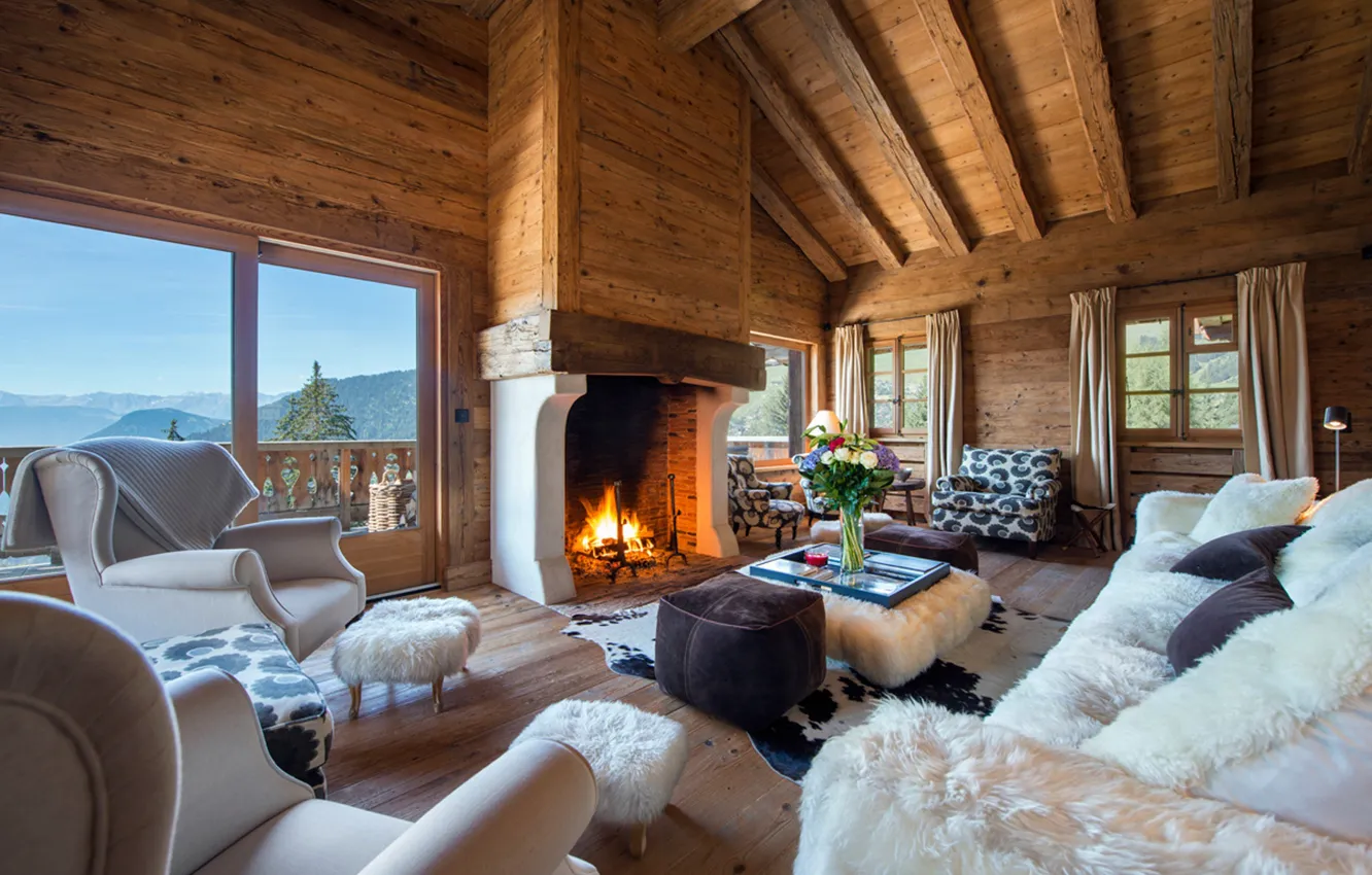 Photo wallpaper interior, Switzerland, Alps, fireplace, living room, Swissalps, Tesseln