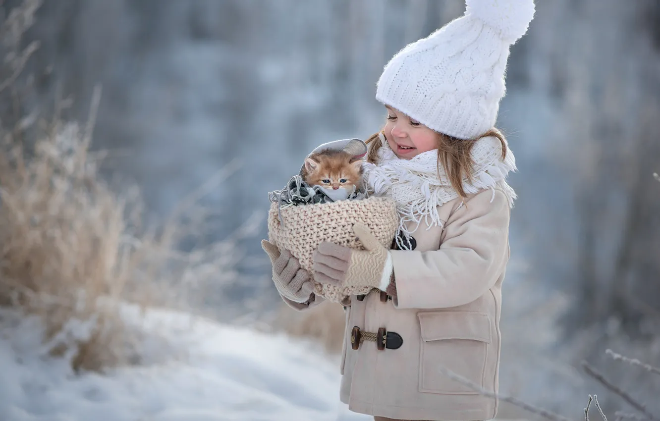 Photo wallpaper winter, snow, happiness, girl, kitty