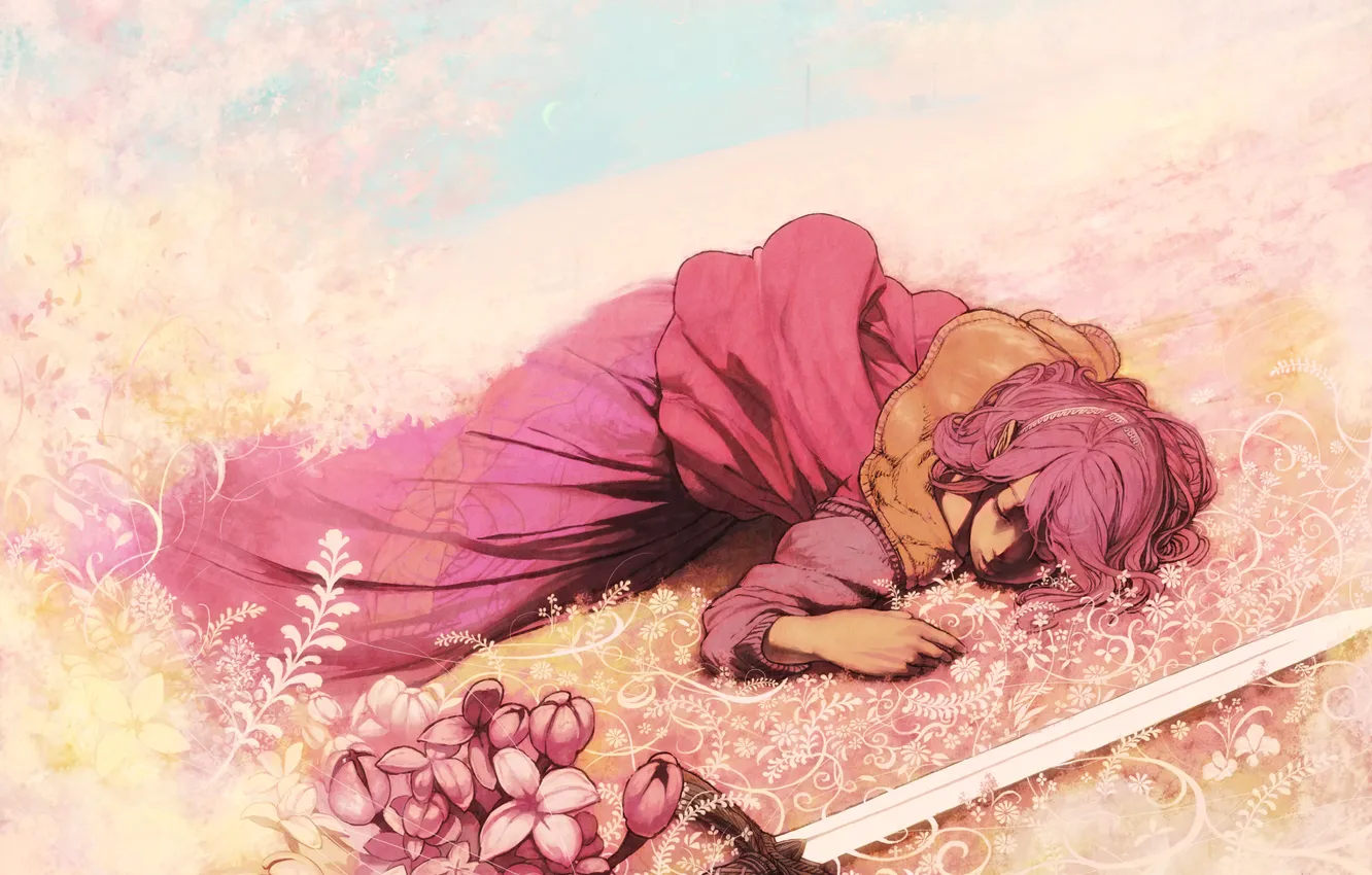 Photo wallpaper girl, flowers, sword, art, lies, kio I see