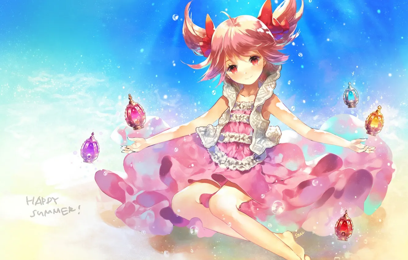 Photo wallpaper girl, smile, bubbles, anime, art, seal, under water, mahou shoujo madoka magica