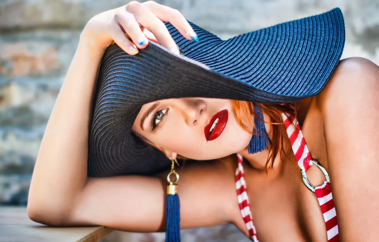 Photo wallpaper look, girl, hat, hands, makeup, red lips