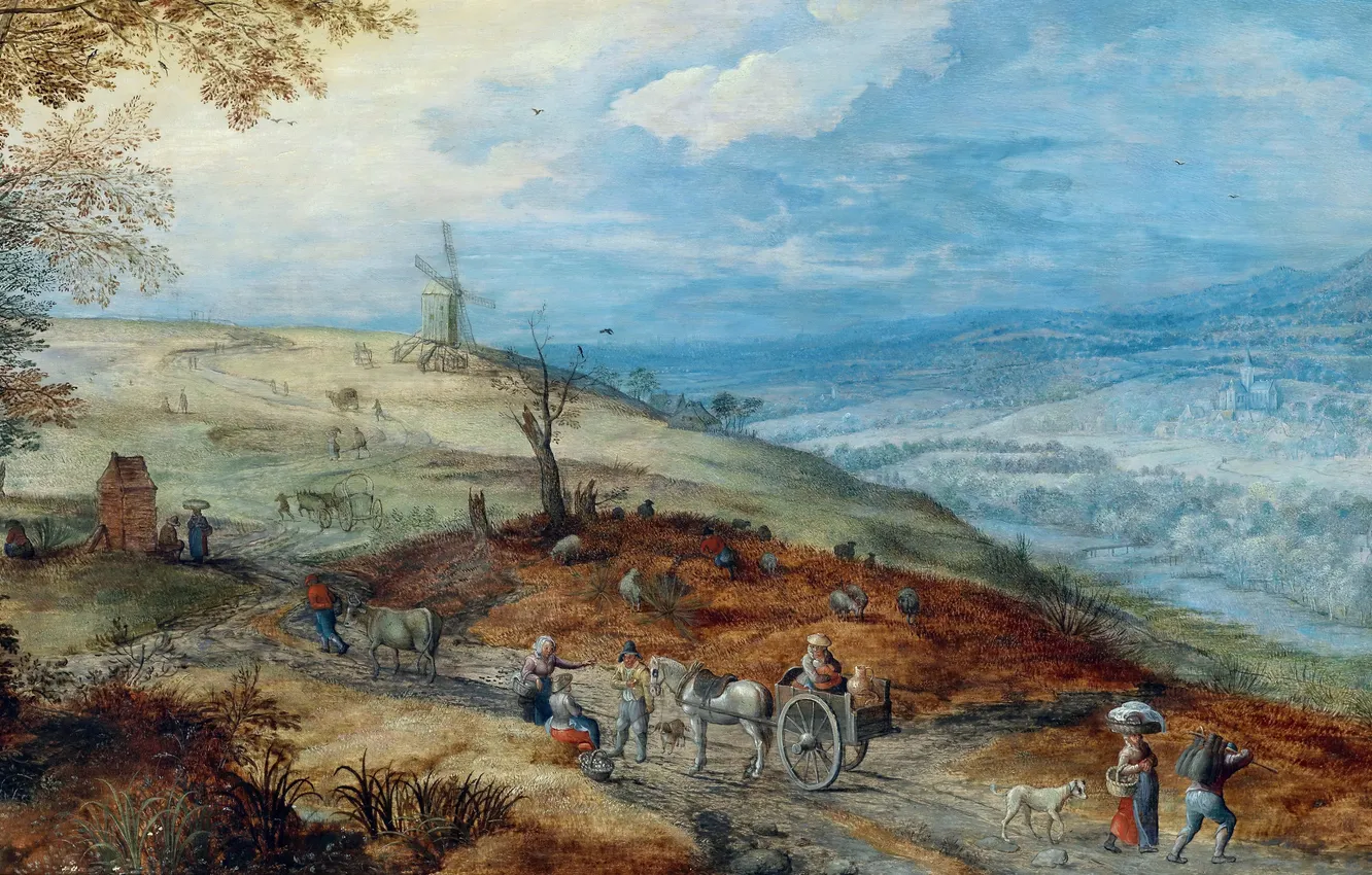 Photo wallpaper road, the sky, landscape, clouds, hills, picture, mill, wagon