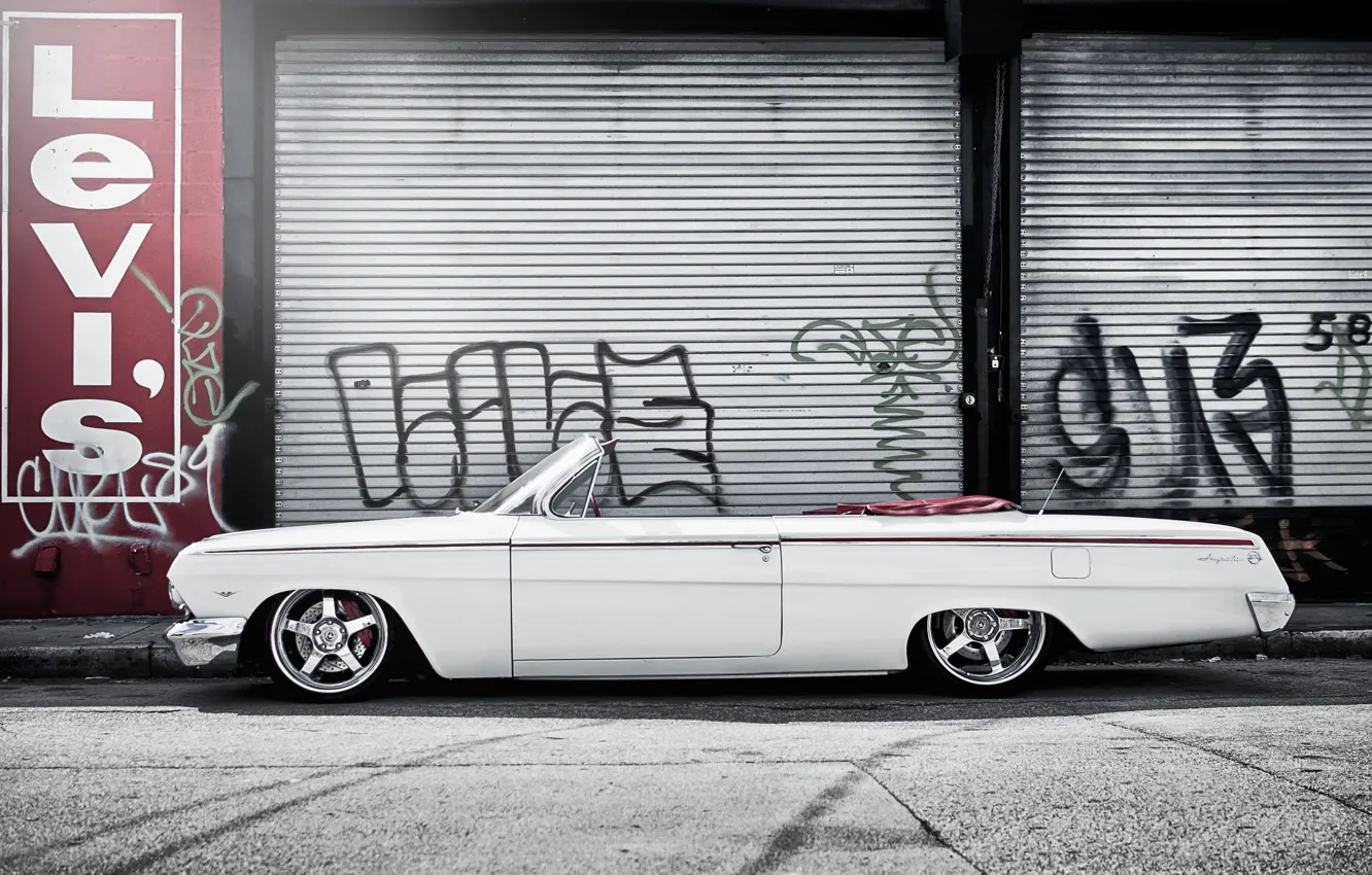 Photo wallpaper street, graffiti, Chevrolet, white, white, convertible, Chevrolet, Impala